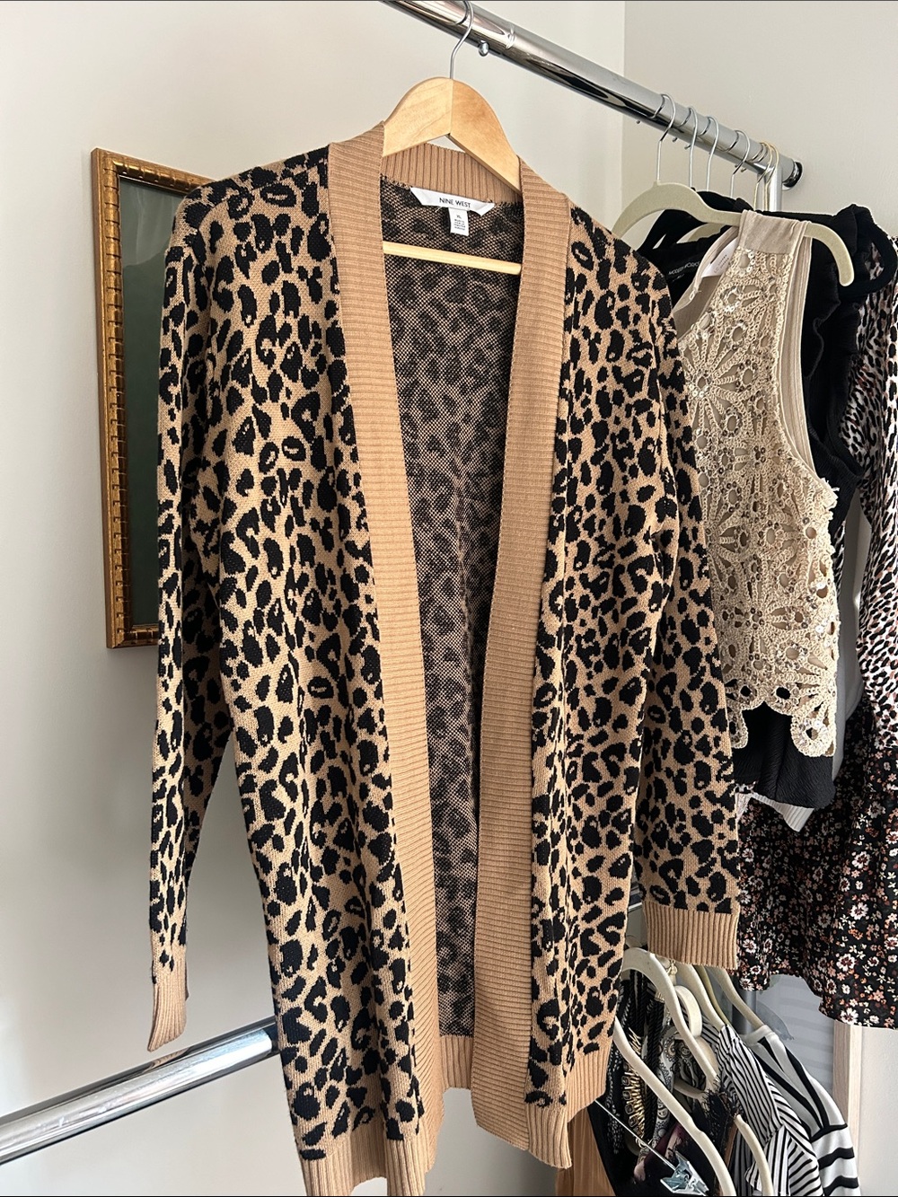 Nine West XL Leopard Print Open Cardigan in Camel and Black